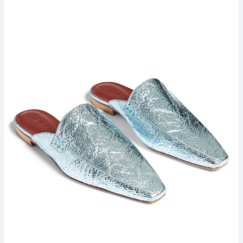 Sies Marjan Lia Metallic Crinkle Pointed Mule in Sky Blue